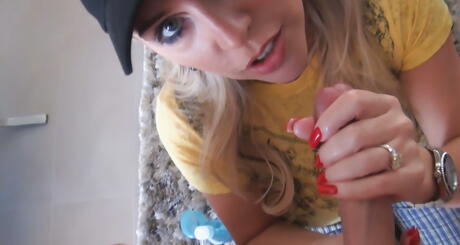 Sultry american blonde wife Sandra Otterson blowing dick and gets a cum blast in mouth 